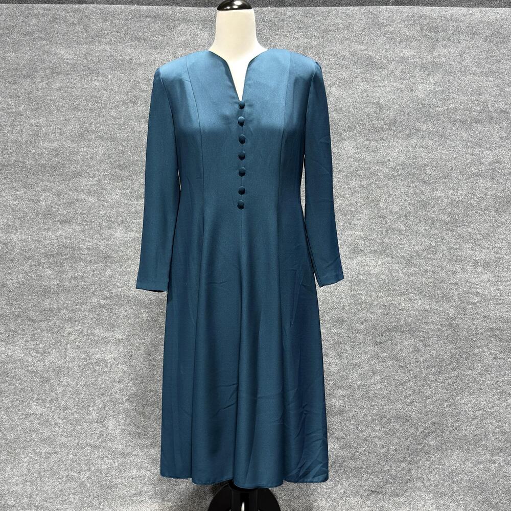 Caron Petite Dress Womens 6 Teal Blue Long Sleeve Long Fit Flare Button Front